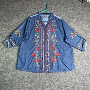 Calessa Denim Embroidered Floral Top Roll Tab Sleeves Pockets Artsy Boho XL